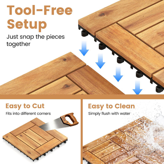 Giantex Golden Teak Frame Acacia Wood Deck Tiles 27/54 sq.ft Waterproof Outdoor Floor Tiles
