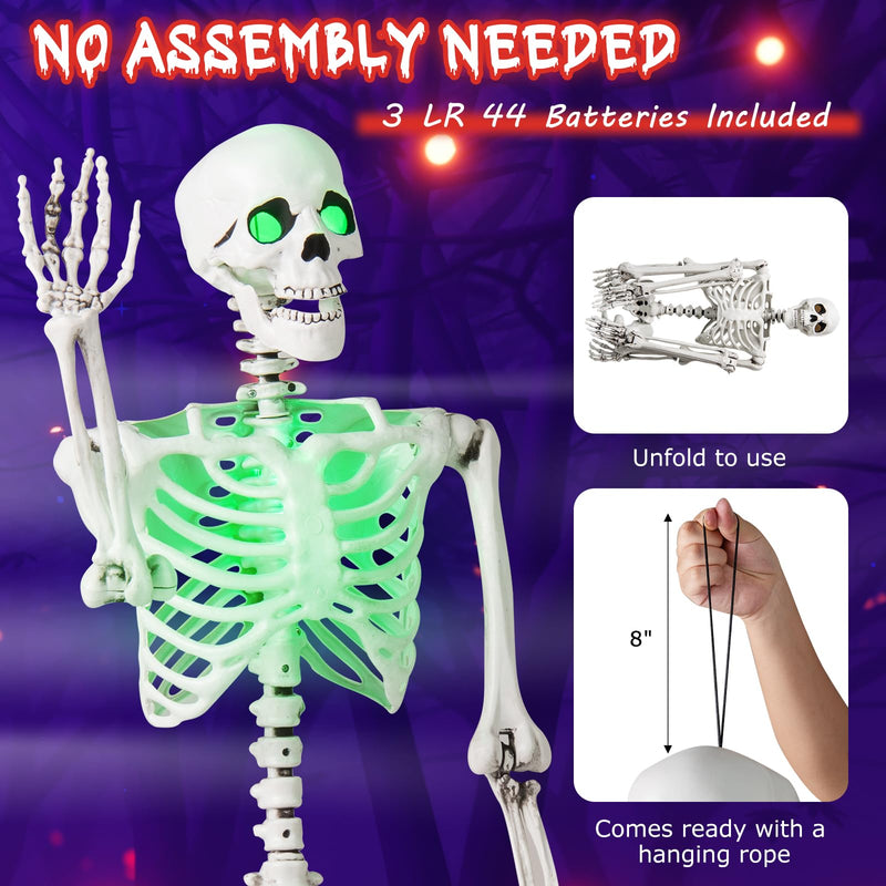 Load image into Gallery viewer, Goplus 63&quot; Life-Size Posable Skeleton with Green LED Lights Halloween Lighted Skeleton Decoration
