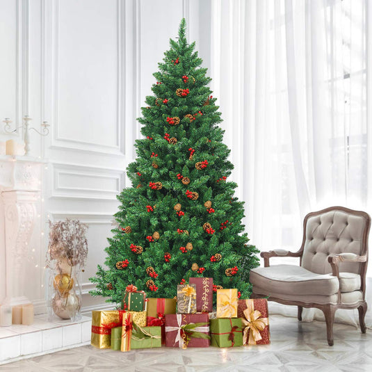 Goplus 6.5FT Pre-Lit Christmas Tree with 1100 Branch Tips Pine Cones and Red Berries