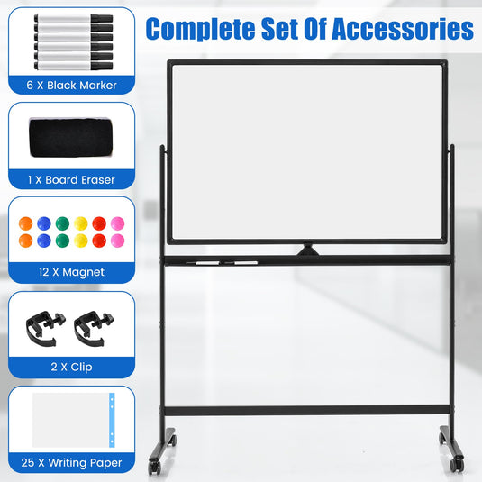 Goplus 48” x 32” Rolling Whiteboard, Height Adjustable Magnetic Dry Erase Board