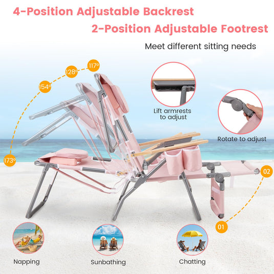 Goplus 3-in-1 Foldable Beach Chair Heavy-Duty Recliner for Camping Poolside Sunbathing