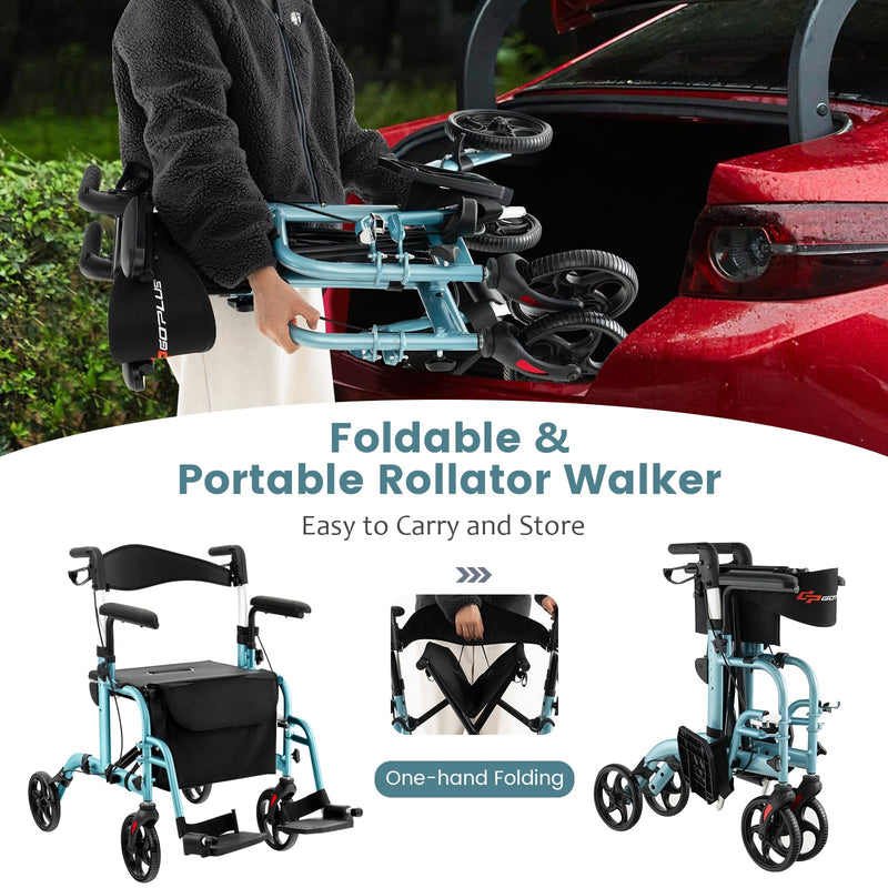 Load image into Gallery viewer, Goplus 2 in 1 Folding Rollator Walker, 4 Wheel Medical Walker with Seat
