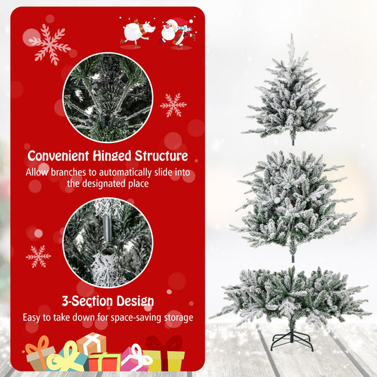Goplus 6ft Pre-Lit Snow Flocked Christmas Tree, Artificial Hinged Full ...