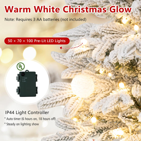 Goplus 3' 4' 5' Pre-Lit Flocked Christmas Tree Set of 3 | Battery Operated Artificial Snowy Xmas Trees