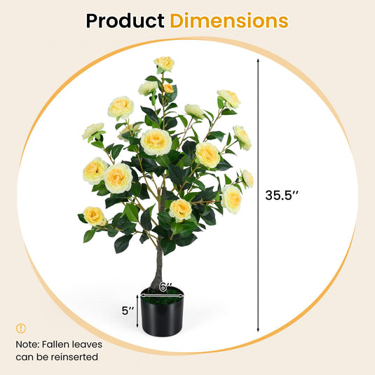 Goplus 35.5" Artificial Camellia Tree Faux Floral Plant Blooming Tree in Cement Pot