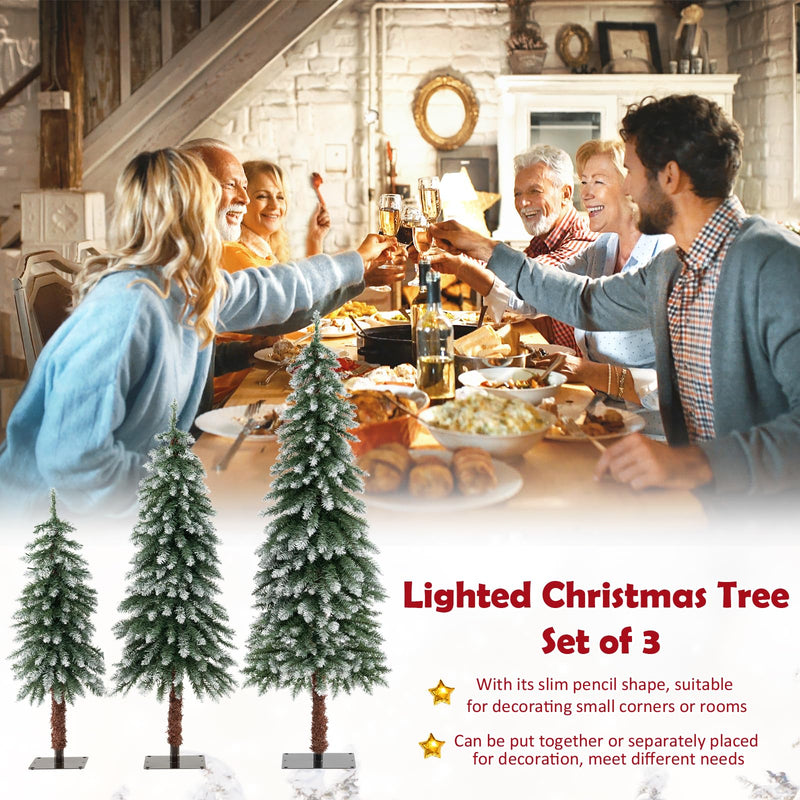 Load image into Gallery viewer, Goplus 3&#39; 4&#39; 5&#39; Pre-Lit Artificial Christmas Tree Set, Slim Pencil Xmas Trees with Snowy Leaves
