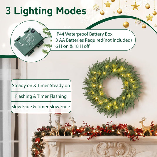 24 Inch Pre-lit Christmas Wreath with 108 Branch Tips and 35 Warm White LED Lights for Wall Window-1 piece