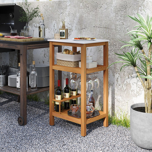 Goplus 3-Tier Patio Buffet Cabinet Bar Table with Faux Marble Countertop