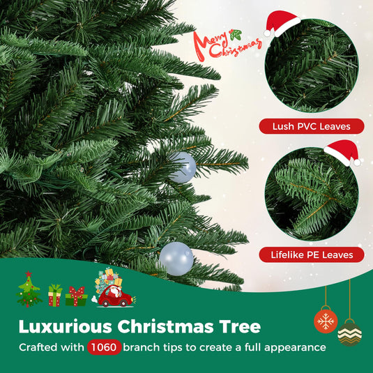 Goplus 7ft/8ft Pre-Lit Artificial Christmas Tree with Quick Power Connector Hinged Xmas Tree Home Holiday Decoration