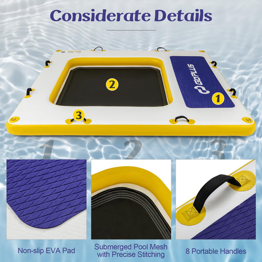 Goplus Inflatable Floating Dock, 8FT x 8FTt x 6.5Inch Thick Swim Dock Platform w/Mesh Swim Lounge