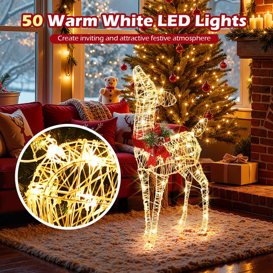 Goplus Christmas Pre-Lit Reindeer, Lighted Baby Deer w/ 50 Warm White LED Lights & Red Bow