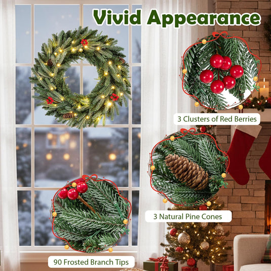 24” Pre-lit Christmas Wreath Front Door Artificial Xmas Wreath with 90 Frosted Branch Tips