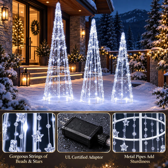 Goplus Christmas Tree Decoration | Set of 3 Lighted Glittered Cone Trees