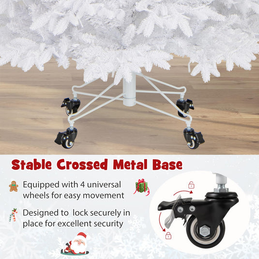 Goplus 7ft Pre-Lit White Christmas Tree with Wheels & 900 Warm White LED Lights