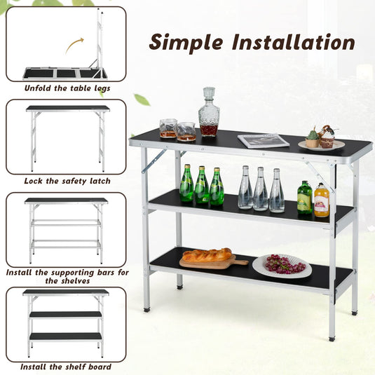 Goplus Folding Camping Table, Aluminum Portable Pop-Up Bar Table with 2-Tier Storage Shelves