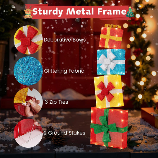 Goplus 4 Ft Lighted Gift Boxes Stackable, Pre-lit Xmas Boxes Decoration w/LED Lights