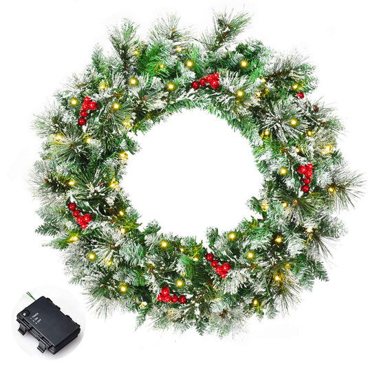 Goplus Snow Flocked Christmas Wreath for Doorway Window Wall