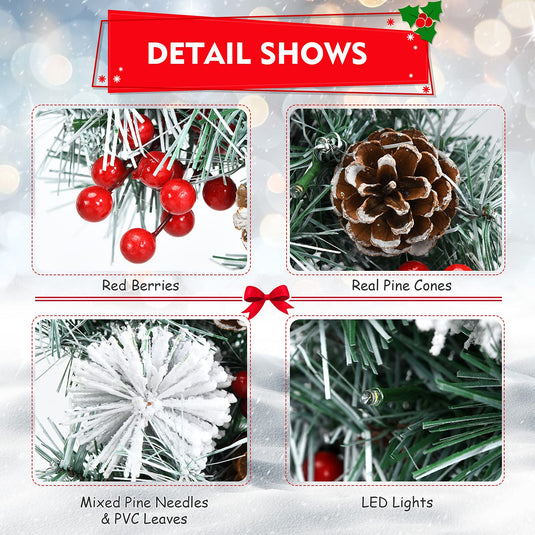 Goplus 30” Pre-lit Christmas Wreath Snow Flocked Lighted Xmas Wreath w/ 50 LED Lights