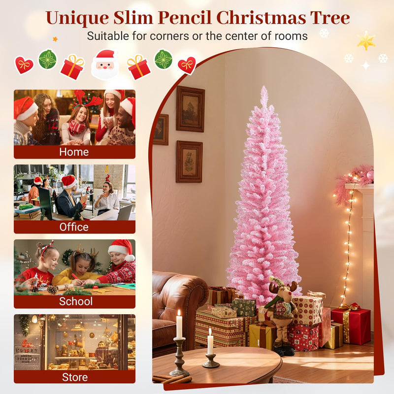 Load image into Gallery viewer, Goplus 5ft / 6ft Pink Slim Pencil Christmas Tree | Snow Flocked Skinny Xmas Full Tree

