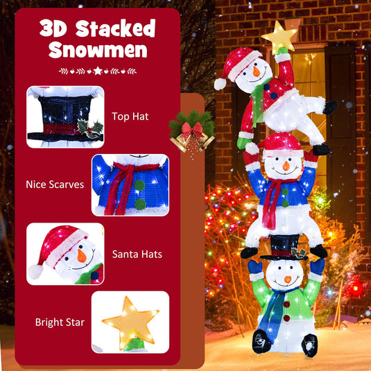 Goplus 6 ft Christmas Stacked Snowman, 3D Pre-Lit Snowman Decoration w/ 155 LED Lights