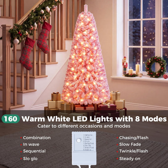 Goplus 5ft/6ft/7ft Pink Pre-Lit Flocked Christmas Trees | Hinged Artificial Xmas Tree