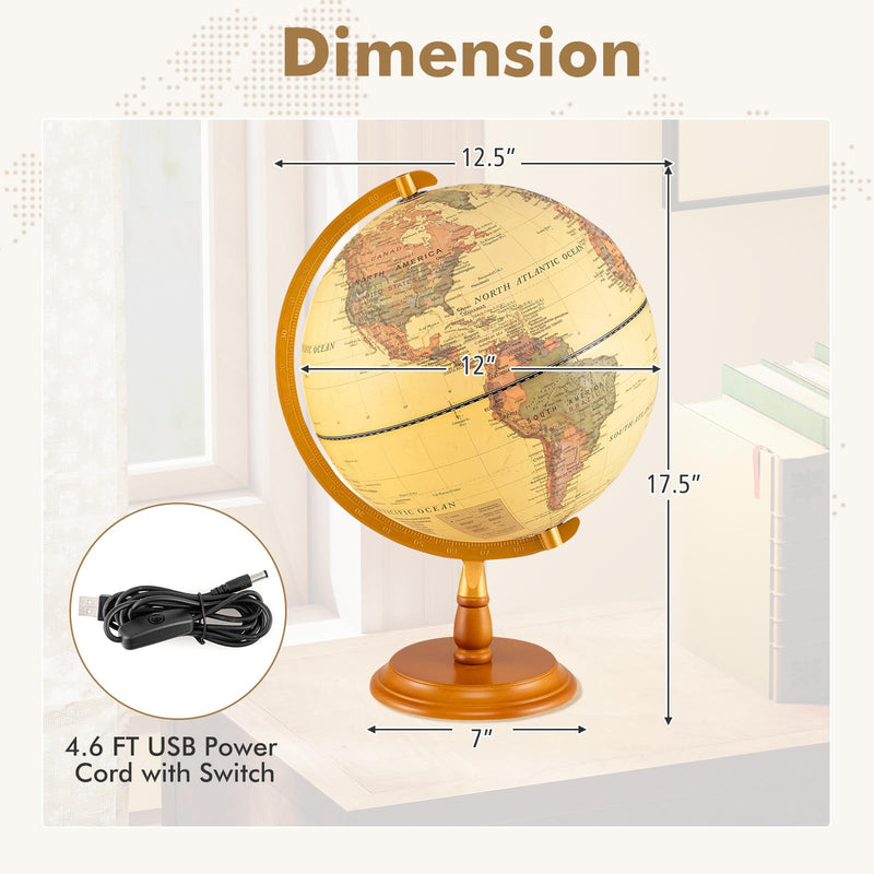 Load image into Gallery viewer, Goplus 12 Inch Antique Light up Rotating Globe Night Lamp with Wooden Stand
