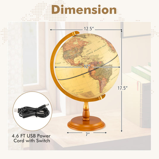 Goplus 12 Inch Antique Light up Rotating Globe Night Lamp with Wooden Stand
