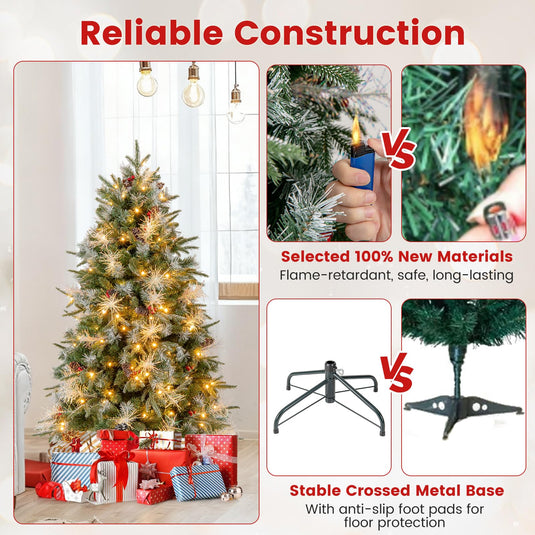 Goplus 5FT / 6FT / 7FT Pre-Lit Artificial Christmas Tree with LED Lights Pine Cones Berries