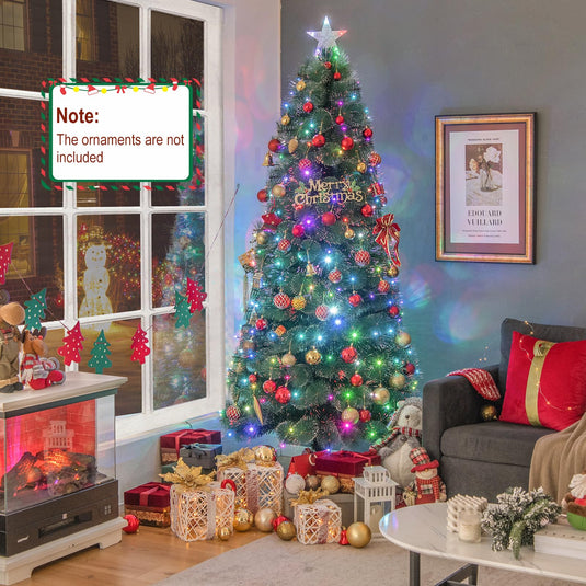 Goplus 7ft Pre-Lit Fiber Optic Christmas Tree Snowy Pine Needles