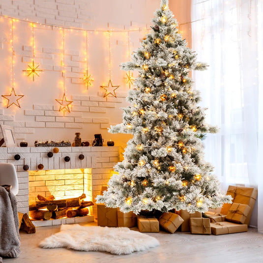 Goplus 7 FT Pre-Lit Snow Flocked Christmas Tree, Artificial Hinged Xmas Tree with 1057 PVC & Pine Needles Branch Tip
