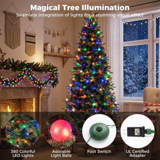 Goplus 7ft/8ft Pre-Lit Artificial Christmas Tree with Quick Power Connector Hinged Xmas Tree Home Holiday Decoration