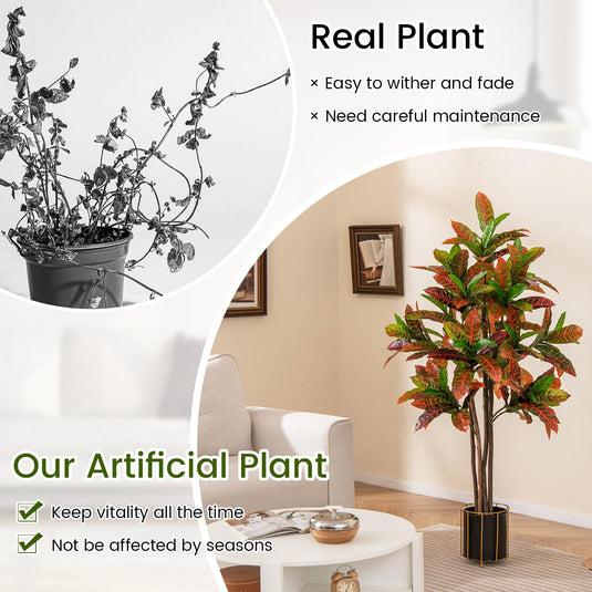 Goplus 5 FT Tall Artificial Croton Palm Tree in Pot with Gradient Leaves
