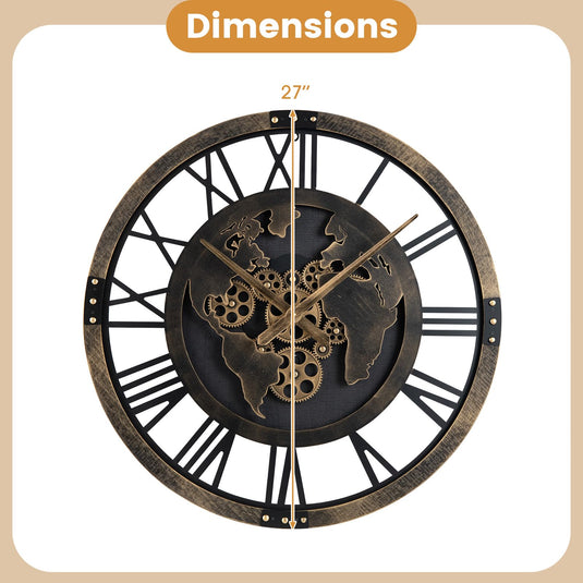Goplus 27" Gear Clock with World Map | Non-Ticking Decorative Metal Clock with Moving Gears