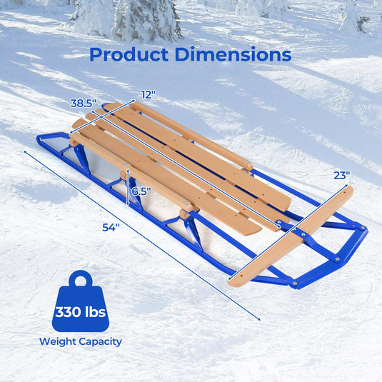 Goplus 54” Steel & Wooden Pull Sleigh Snow Slider Toddler Toboggan with Metal Runners and Steering Bar