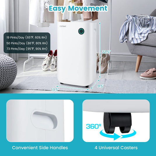 4500 Sq. Ft Quiet Dehumidifier, 1.7 Gallon Water Tank, 73-Pint/Day, Water Full Auto Shut Off