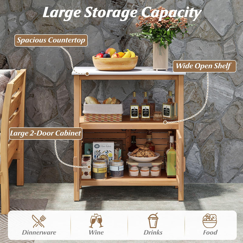 Load image into Gallery viewer, Goplus Outdoor Acacia Wood Buffet Cabinet with Marble-Like Countertop ( 31.5” x 16” x 35.5” )
