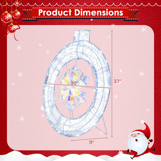 Goplus 33” Lighted Ornament with Snowflake, Pre-Lit Christmas Wreath with 128 Cold White LED Lights