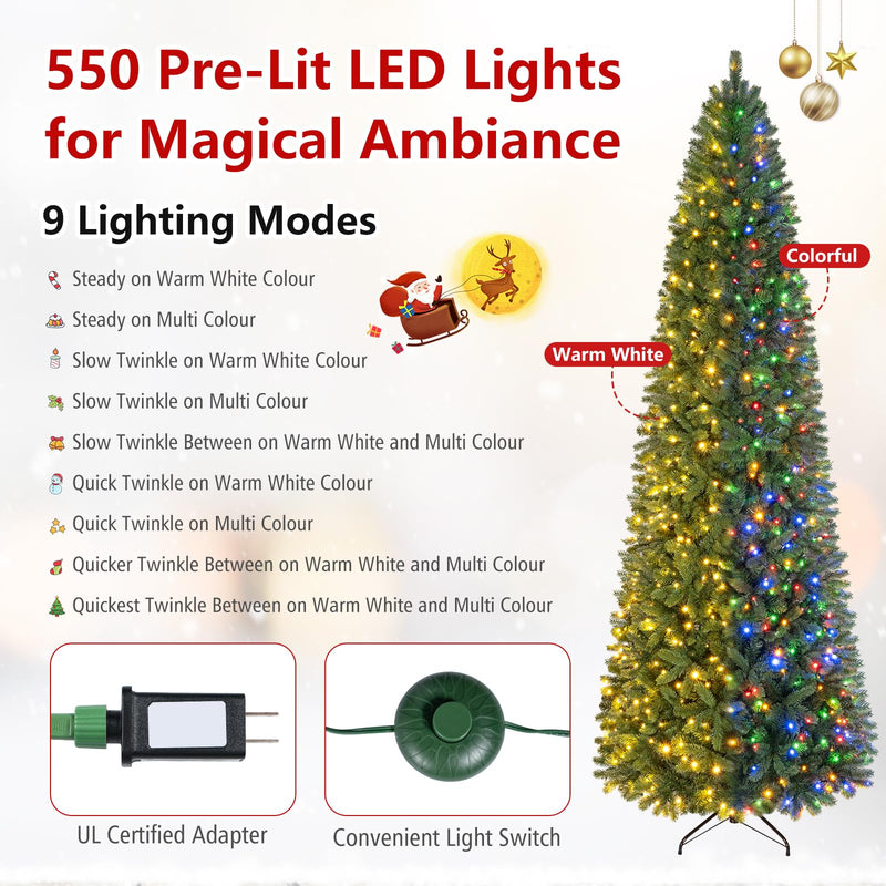 Load image into Gallery viewer, Goplus 9ft Pre-Lit Pencil Christmas Tree with 550 Lights and 9 Light-Modes
