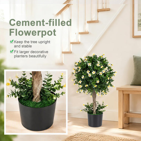 Goplus 26" Artificial Topiary Trees Set of 2 | Realistic Potted Plants w/ White Blossoms and Round Leaves