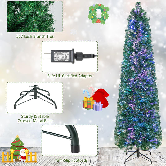 Goplus 6ft / 7ft / 8ft Fiber Optic Pencil Christmas Tree Xmas Full Tree for Home Office Holiday Decor