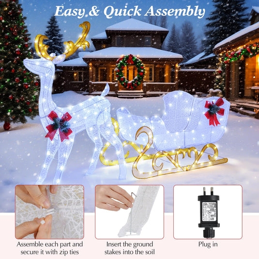 Goplus Lighted Christmas Reindeer and Sleigh w/ 215 LED Lights