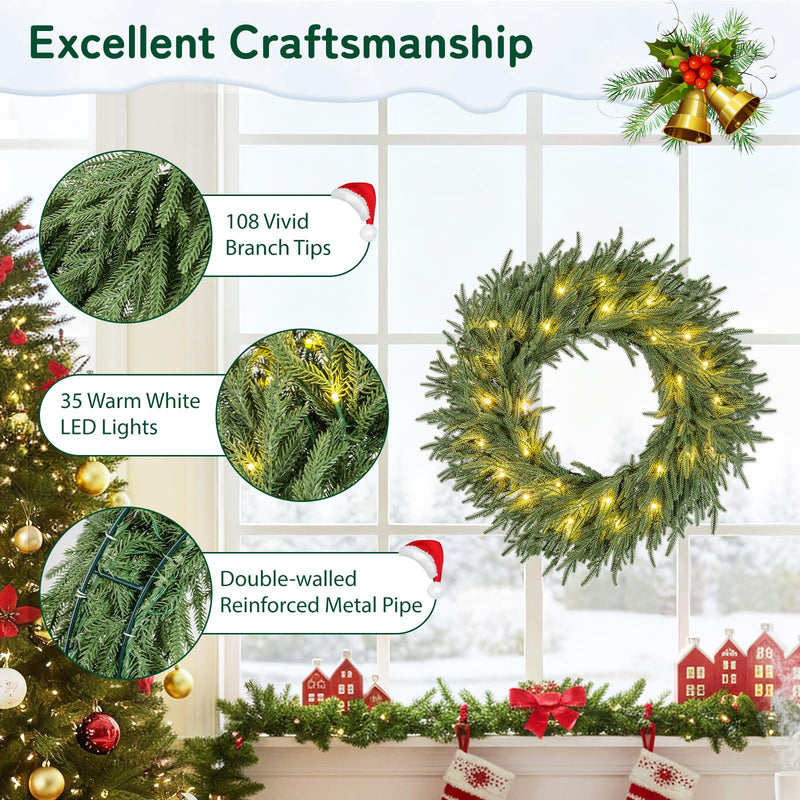 Load image into Gallery viewer, 24 Inch Pre-lit Christmas Wreath with 108 Branch Tips and 35 Warm White LED Lights for Wall Window-1 piece
