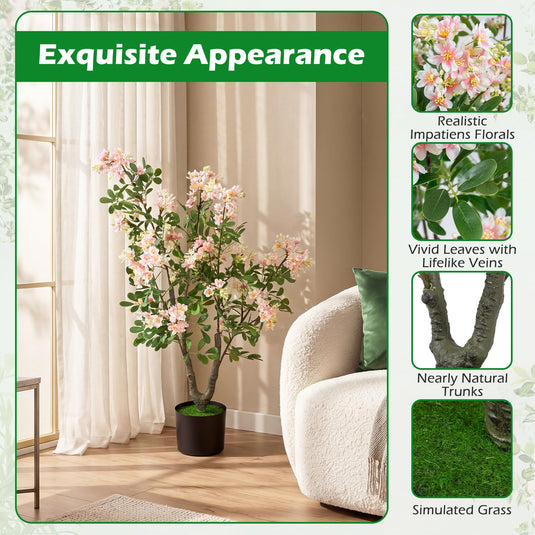 Goplus 36" Artificial Impatiens Blossom Tree w/Mini Fruits & Faux Grass
