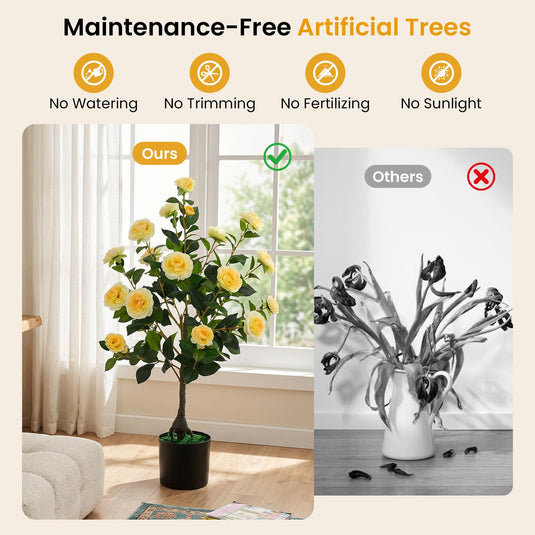Goplus 35.5" Artificial Camellia Tree Faux Floral Plant Blooming Tree in Cement Pot