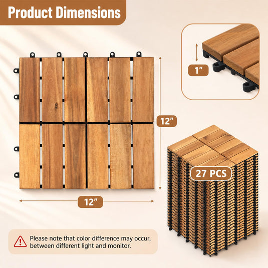 Goplus 27/54-Pack Acacia Wood Interlocking Deck Tiles (Grid) | All-Weather Flooring Tiles