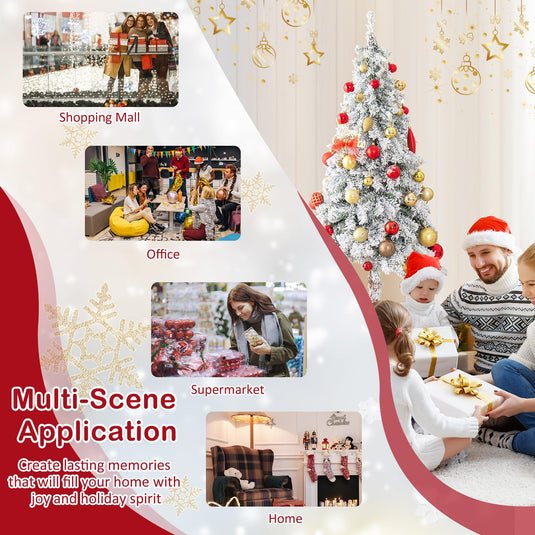 Goplus 6ft Pre-Lit Slim Pencil Christmas Tree Artificial Snow Flocked Xmas Tree