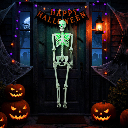 Goplus 63" Life-Size Posable Skeleton with Green LED Lights Halloween Lighted Skeleton Decoration