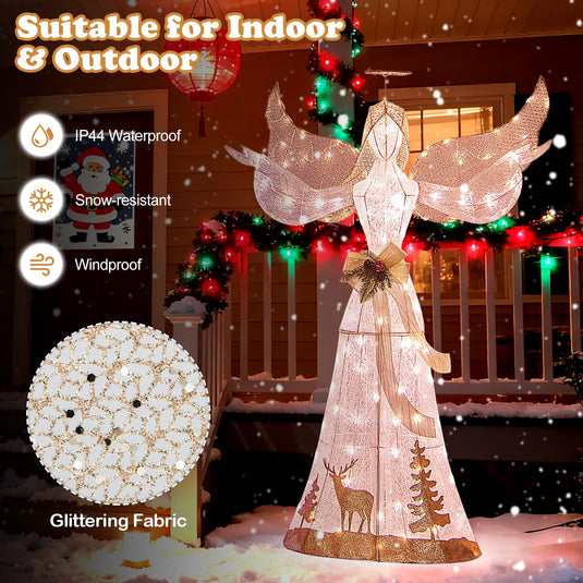 Goplus Pre-lit 3D Glittered Angel with 100 Warm White Lights Halo Bow Ground Stakes
