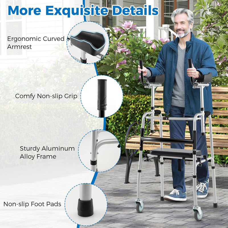 Load image into Gallery viewer, Goplus Folding Walker 450 Lbs Foldable Standard Walker with 5&#39;&#39; Wheels Seat and Removable Armrests
