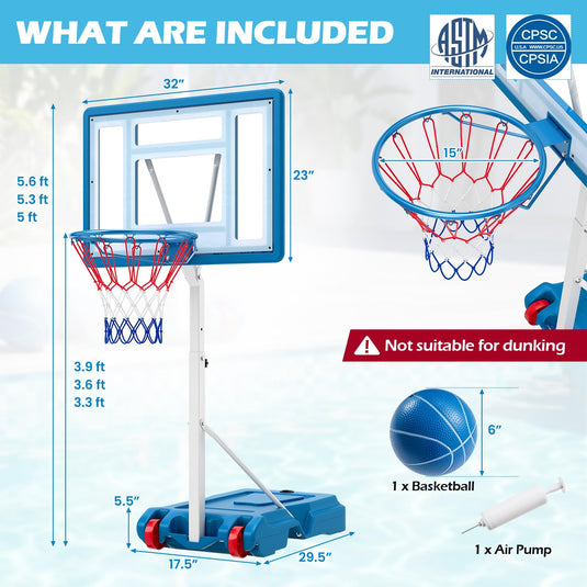Goplus Pool Basketball Hoop 3 Levels Adjustable Height Basketball Goal with 32" Shatterproof Backboard